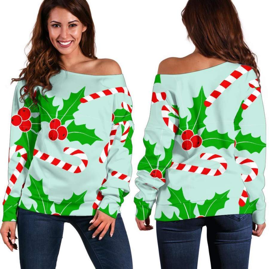 Christmas Candy Cane Pattern Print Women Off Shoulder Sweatshirt