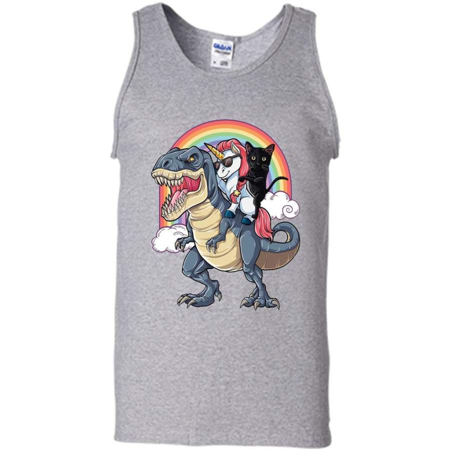 Unicorn and Black Cat Riding Dinosaur Rainbow – Canvas Unisex Tank