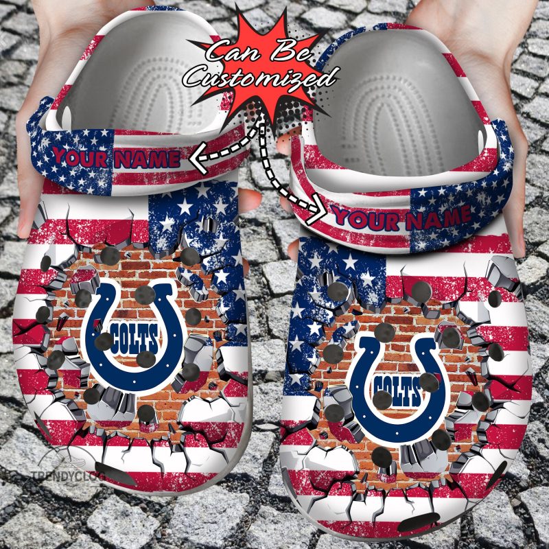 Football Personalized IColts American Flag Breaking Wall Clog Shoes