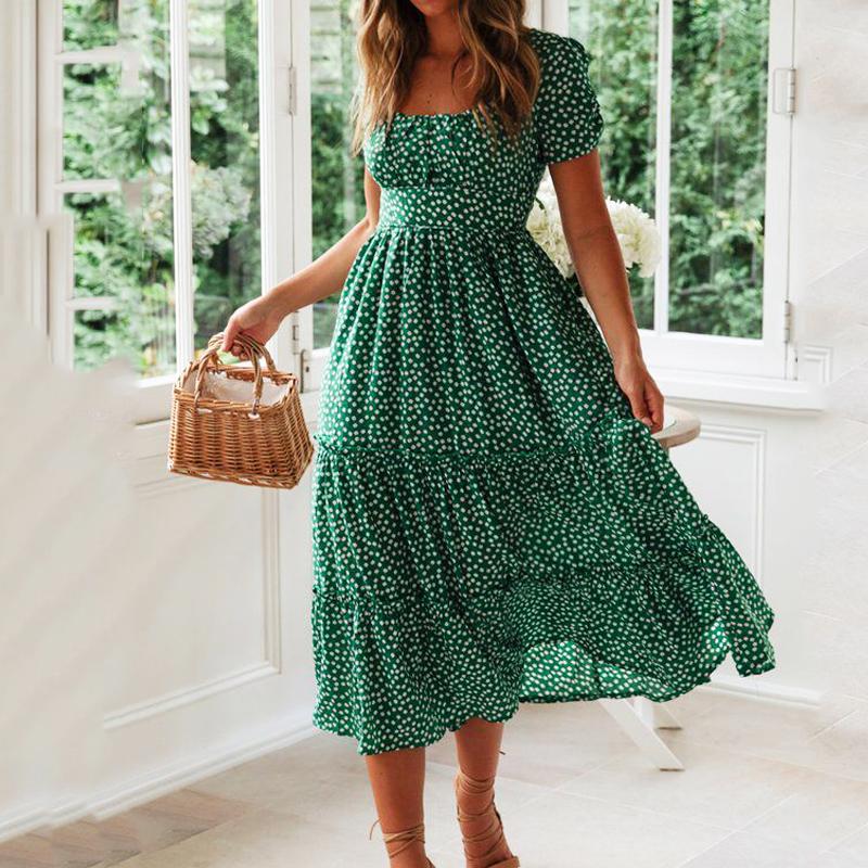 Vintage Print Puff Sleeve Summer Beach Sweet Dresses Casual Square Collar Floral Maxi Long Dress 2022 Fashion Sexy Women Dress alx