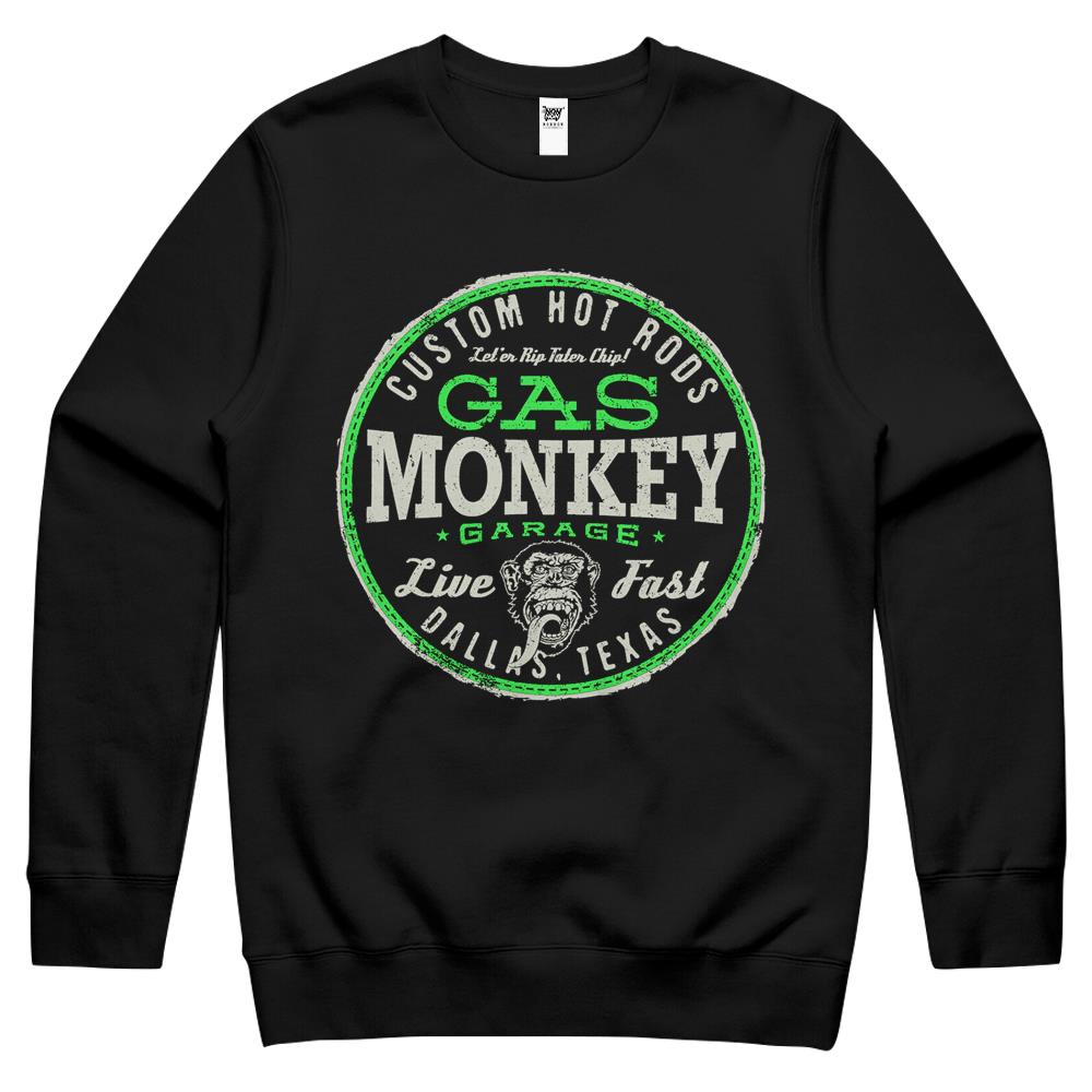 Gas Monkey Garage Live Fast Bright Green Badge Crewneck Sweatshirt T-Shirt