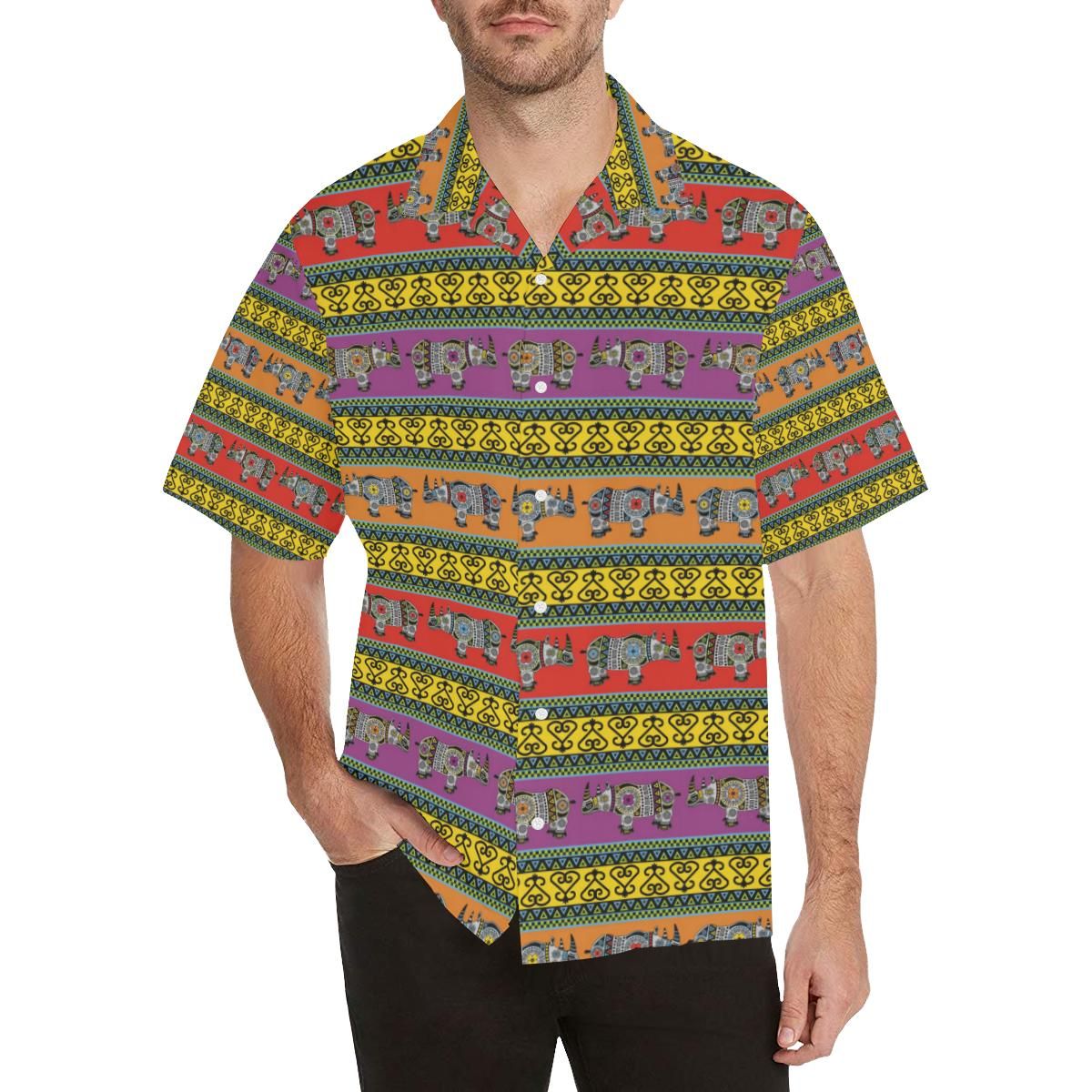 Rhino African Afro Dashiki Adinkra Kente Pattern E Men’S All Over Print Hawaiian Aloha Shirts Aloha Shirts