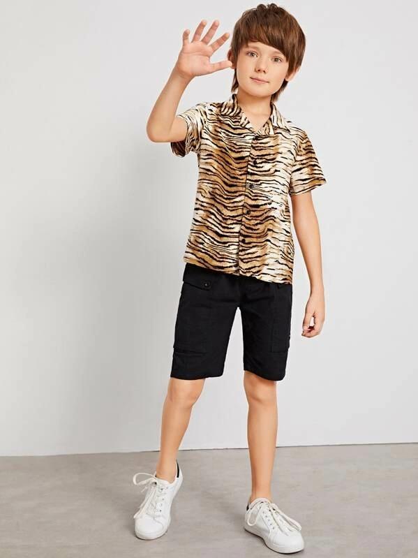 Boys Notch Collar Tiger Print Shirt