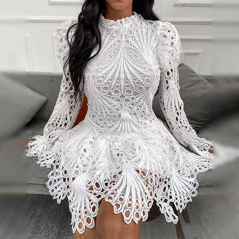 Spring New Kawaii Eyelet Embroidery Long Bell Sleeve High Waist Sexy White Lace Mini Girls Fairy Party Club A Line Women Dresses alx