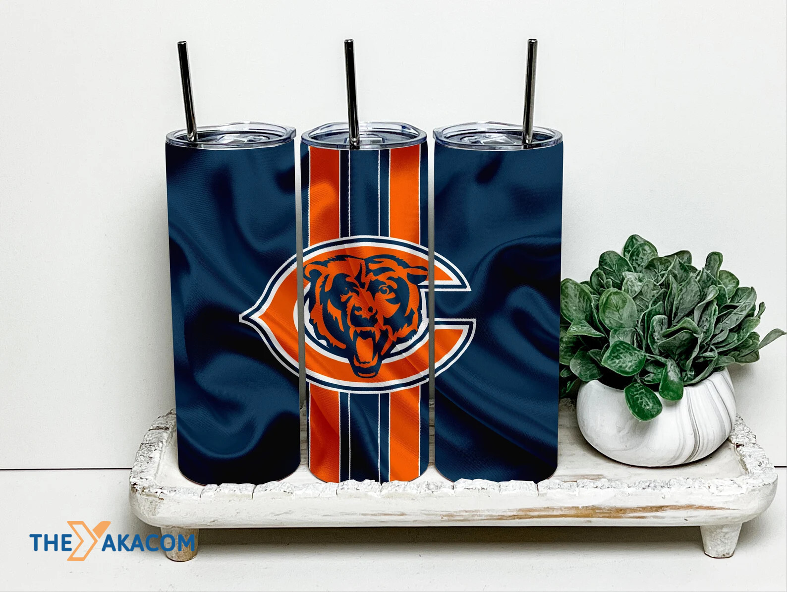 Blue And Black Splashing Background Orange Stripes With Logo Chicago Bears Tumbler