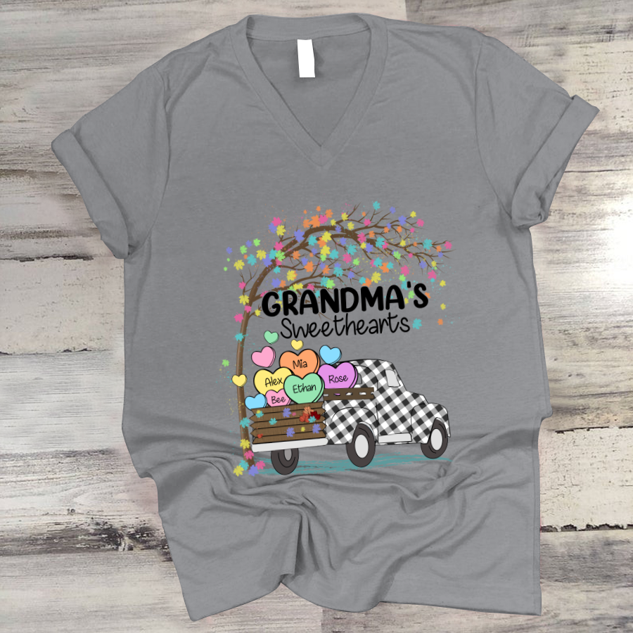 Grandma’S Sweethearts Truck Hearts Kid Names V-Neck