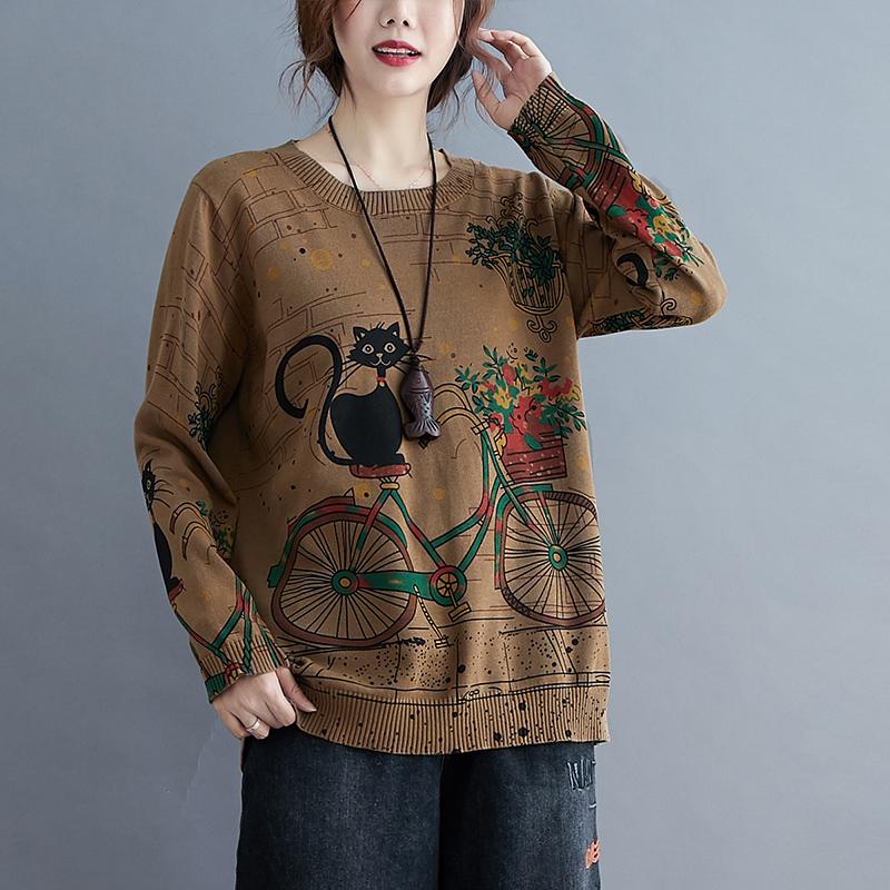 Cat Print Sweater Women Jumper Ladies Pullovers Korean Knitted Sweaters Vintage Tops Sueter Feminino Pull Femme 2022 alx