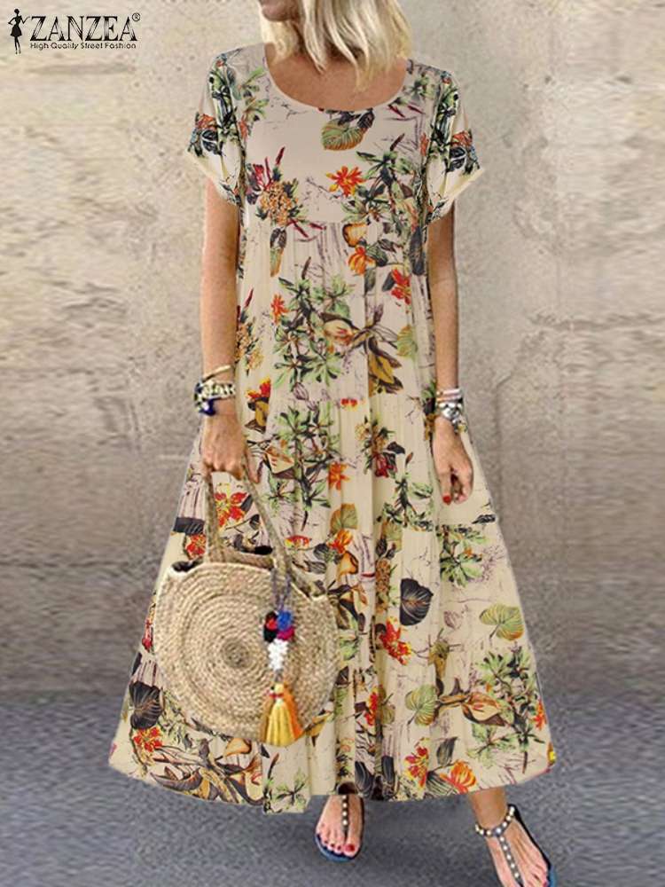 2022 ZANZEA Bohemian Holiday Beach Loose Long Vestidos Summer Floral Printed Women Dress Female Vintage Short Sleeve Maxi Robe alx