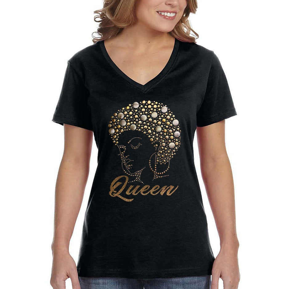 Xtrafly Apparel Women’S Afro Lady Queen Gold Sequin Rhinestone Fashionista Sexy African Rasta Rastafari Cornrows Jamaican Dj V-Neck T-Shirt