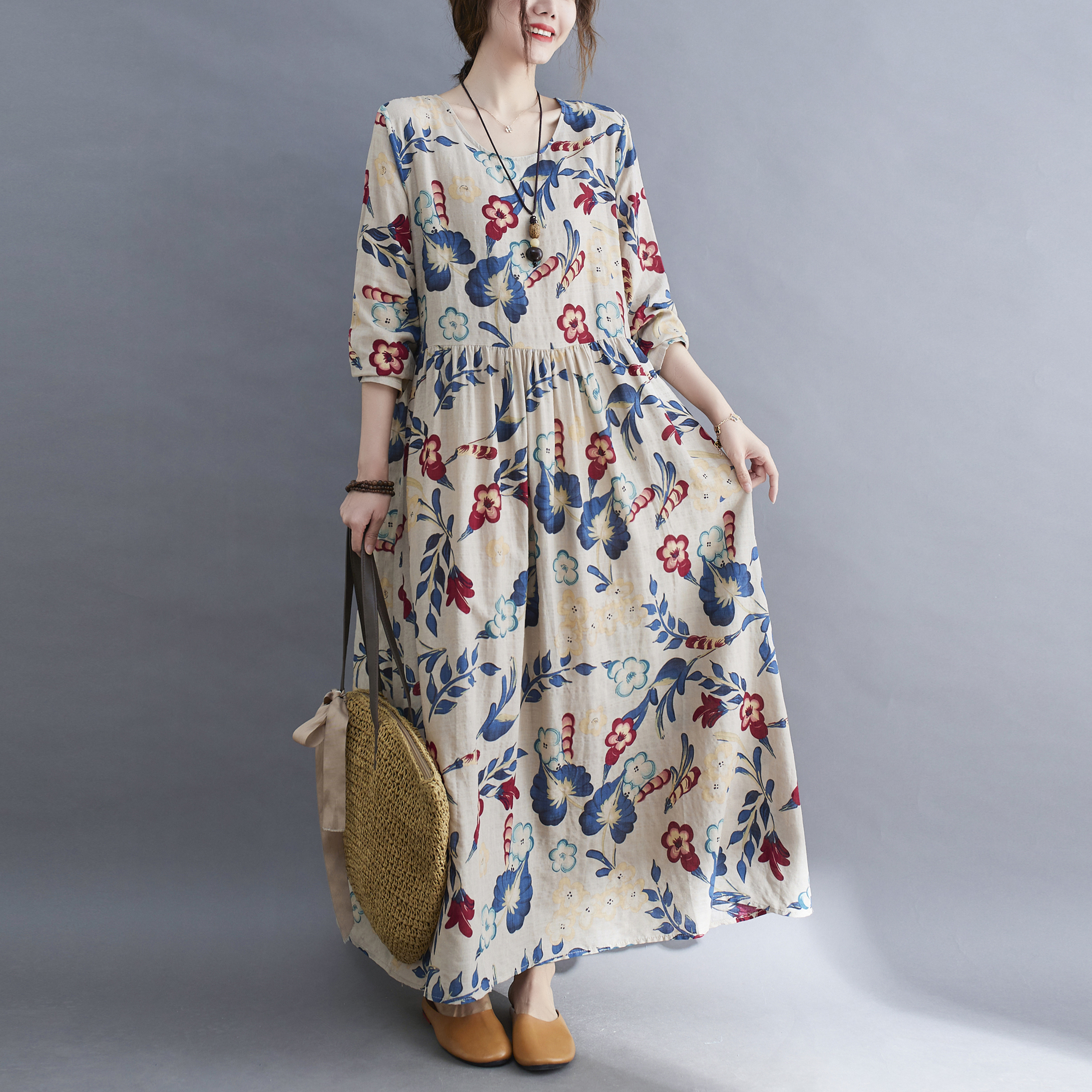 Spring Vintage Floral Print Dress Women Long Sleeve Ladies Dresses Woman Casual Cotton Vestidos Dress New Arrival 2022 alx