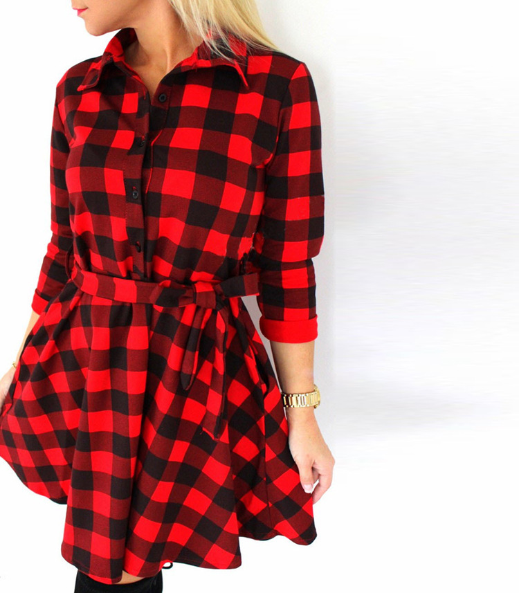 Autumn Winter Women Casual Dress Plaid Print Shirt Dress High Waist Casual Slim Dress Vestidos With Belt Dress Elegant Dresses alx