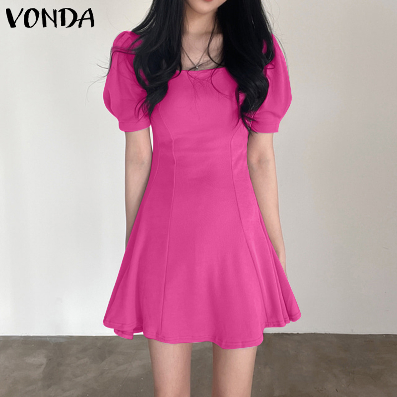 VONDA 2022 Fashion Women Short Sleeve Vestido Female Loose Faldas Saia Pleated Short Robe Casual O-Neck A-Line Plain Party Dress alx