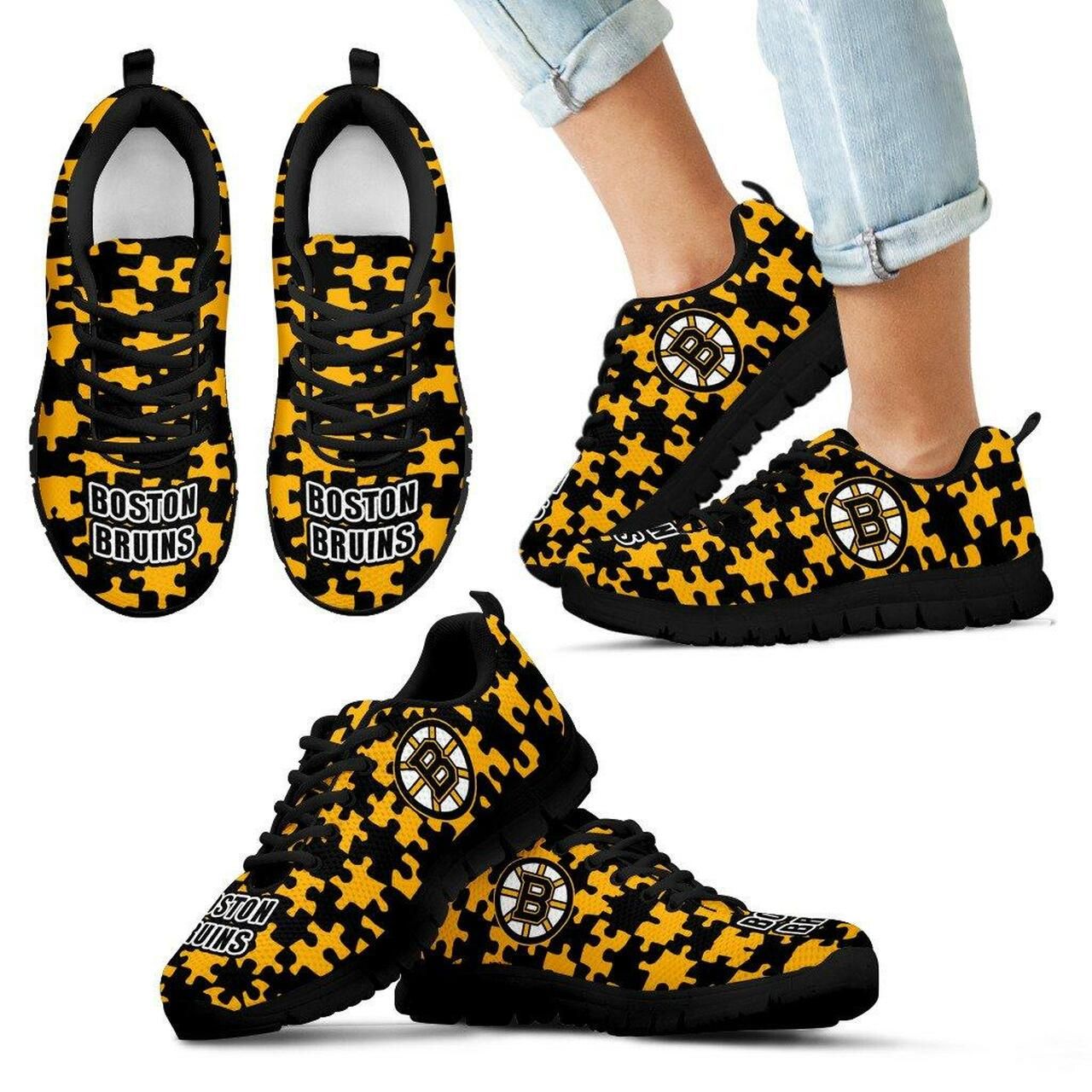 Boston Bruins Sneakers Puzzle Logo With Running Shoes For Men, Women Shoes12415