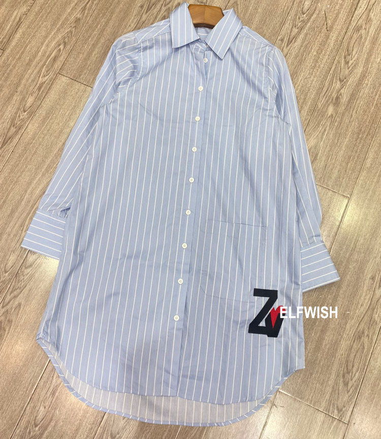 Woman Fashion White Blue Striped Dress Letters Embroidered Long Sleeved shirt Collar Front Buttons alx