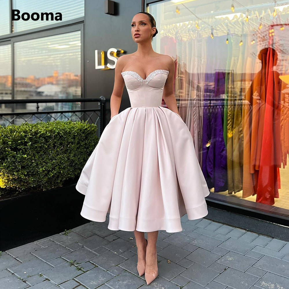 Booma Simple Sweetheart Satin Midi Prom Dresses Strapless Pleated Tea-Length A-Line Prom Gowns Formal Evening Party Dresses alx