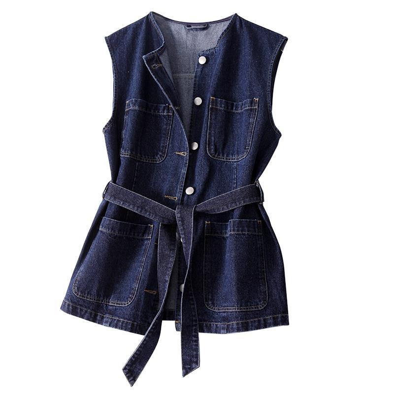 Women’s Denim Vest Jacket 2022 New Spring Autumn Solid Color Sleeveless Waistcoat Jean Coat Mid long Jackets Ladies Cowboy Vest alx