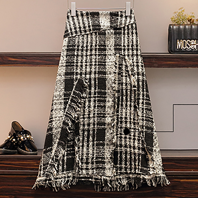 Autumn Winter Two Piece Set Tracksuit Women Elegant Black Knitted Sweater Pullovers+High Waist Tweed Plaid Skirt Ladies Outfits alx