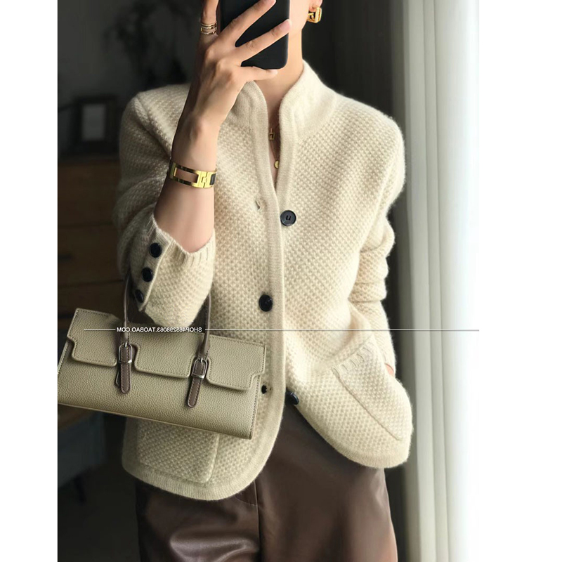 Autumn Winter New Thickened 100% Pure Cashmere Cardigan Women Stand Neck Sweater Sweater Loose Knit Base Sweater Jacket alx