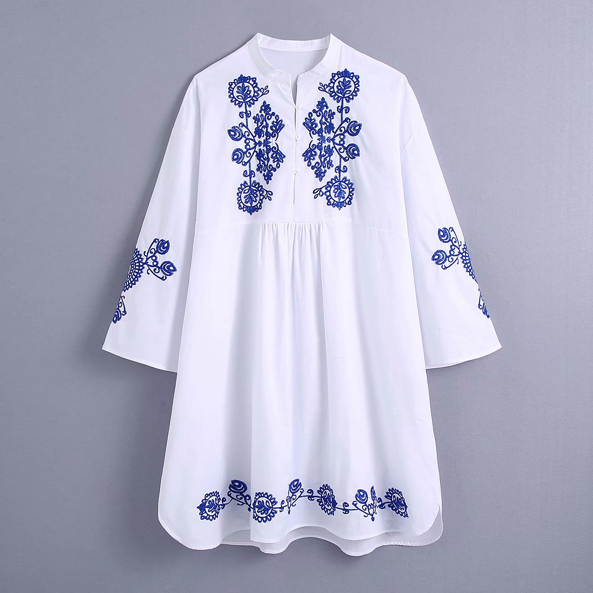 Zevity Women Vintage Stand Collar Totem Floral Embroidery White Mini Dress Female ChicThree Quarter Sleeve Kimono Vestido DS8693 alx