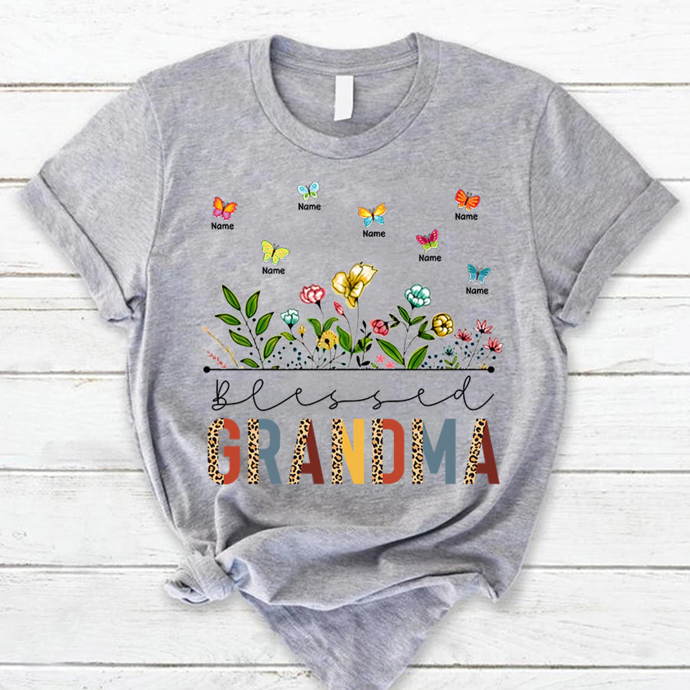 Personalized Blessed Grandma Retro Leopard Wildflowers & Butterflies Shirts For Grandma