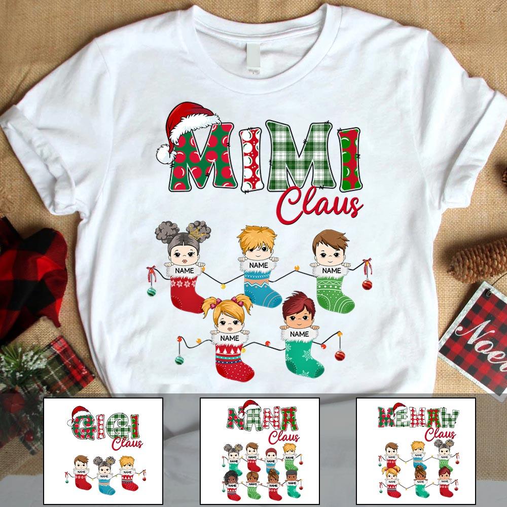 Mimi Claus With Her Grandkids Stockings Christmas Shirt, Funny Grandma Nana Mimi Christmas Shirt, Custom Mimi With Grandkids Name Christmas Shirt