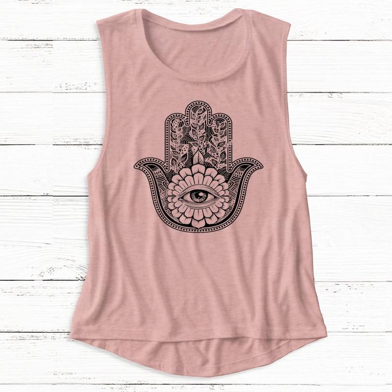 Crushtee Hamsa Tank, Ladies Muscle Tank, Hamsa, Cute Tshirt, Vintage, Retro, Gift, Yoga, Gym, Workout Top, Peace, Love, Equality, Zen Long Sleeve Hoodie