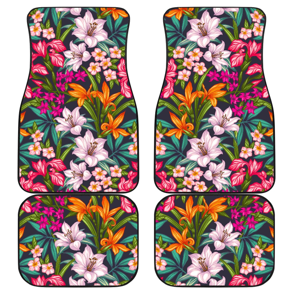 Tropical Flowers Pattern Print Front And Back Car Floor Mats, Front Car Mat