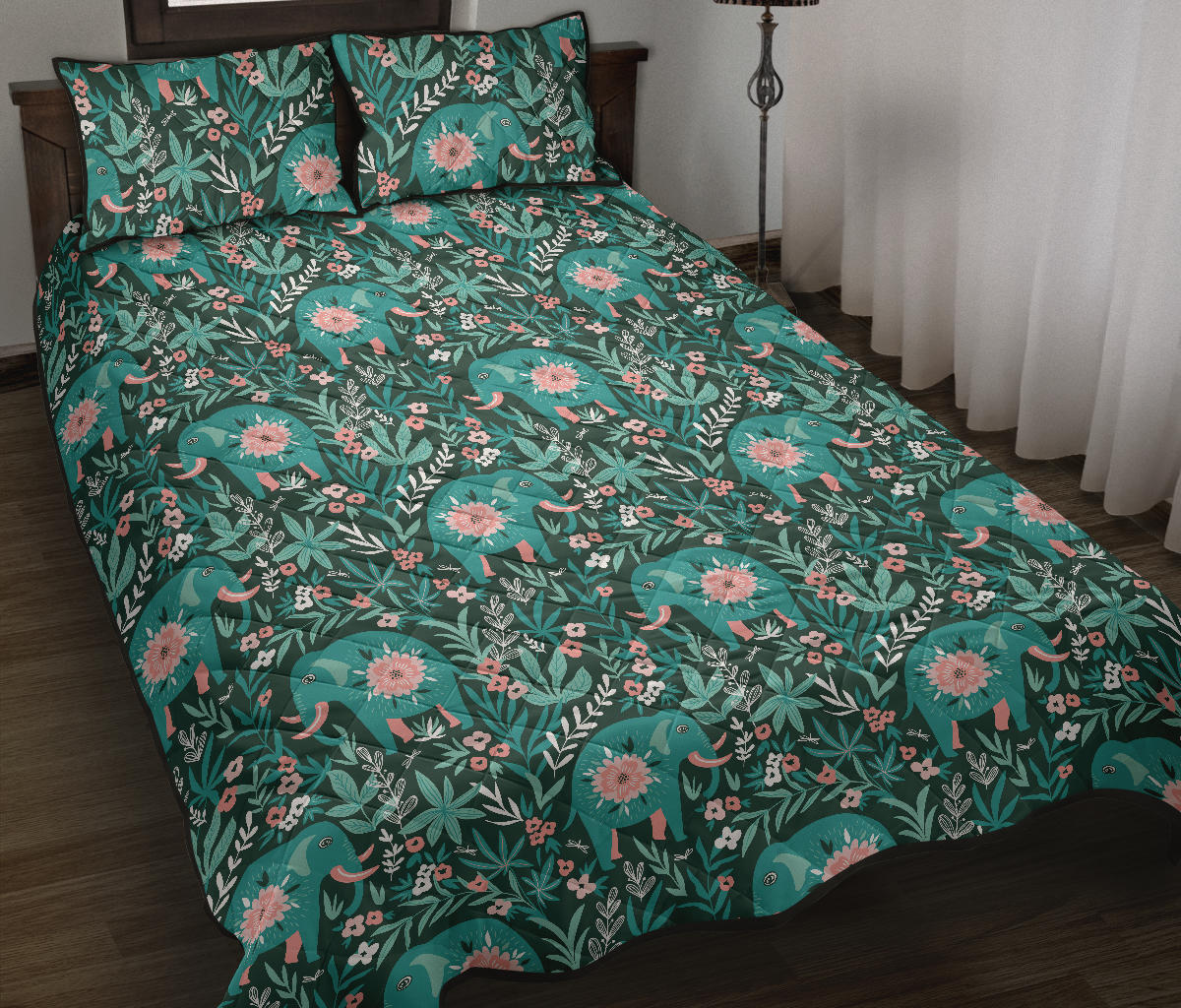 Elephants jungle pattern Quilt Bed Set