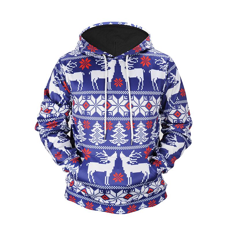 Christmas Hoodies – Cute Christmas Deer Striped Pattern Blue 3D Hoodie