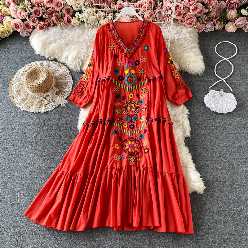 Vintage Women Dress Floral Embroidery Beach Dress Ladies Short Sleeve V-neck Cotton And Linen Boho Dresses Summer alx