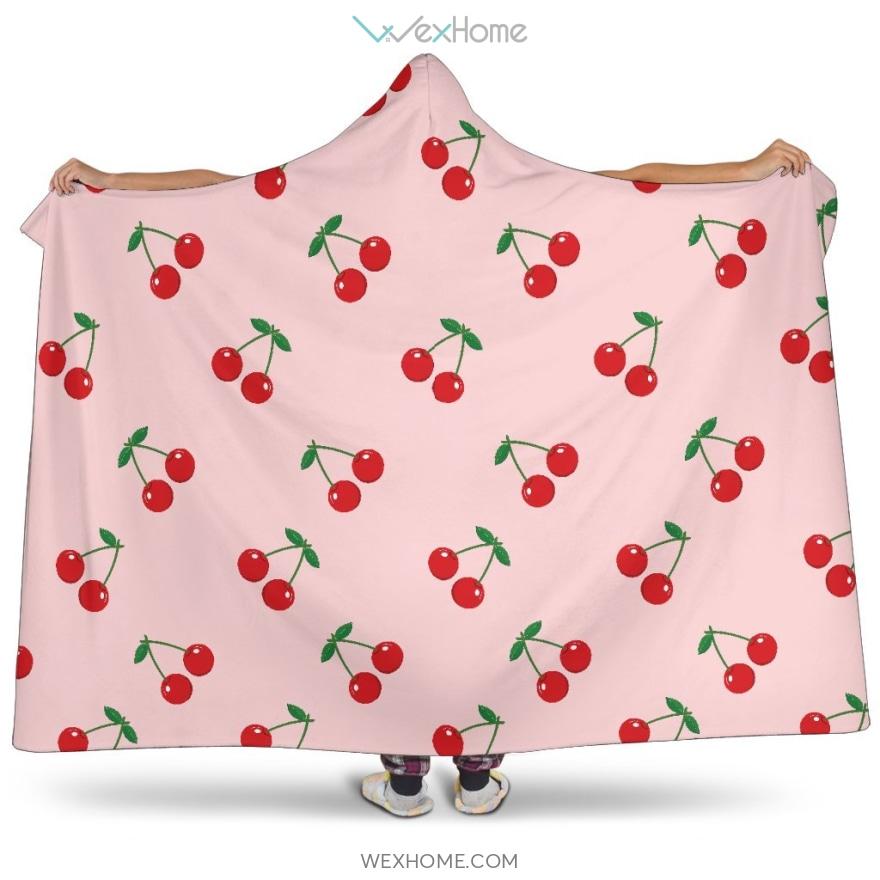 Cherry Pattern Pink Background Hooded Blanket