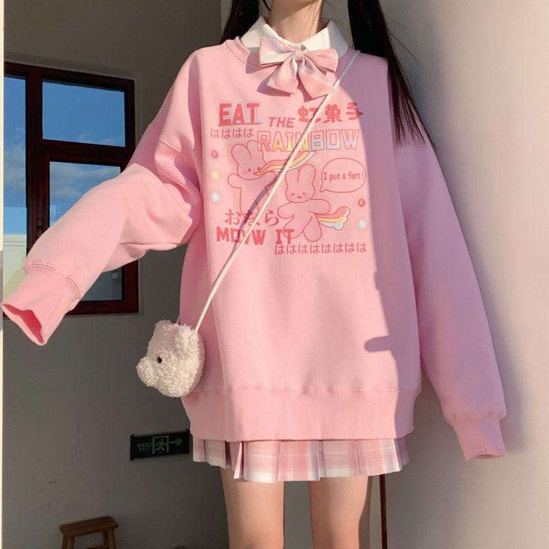 Pink Sweatshirt Cute Pastel Kawaii Rainbow Rabbit