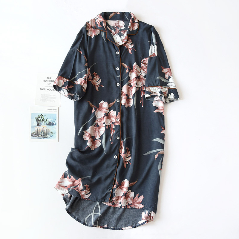 2021 Vestidos New Summer Dress Print Cotton Sleepwear Nightgowns Women Casual Loose Night Shirt Female Lapel Retro Nightdress alx