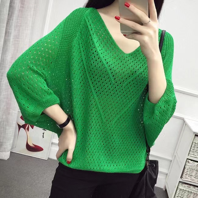 Batwing Summer Oversize Knitted Pullover Tops V-neck Hollow Out Pull Jumpers Women Sweaters Female Pullovers alx