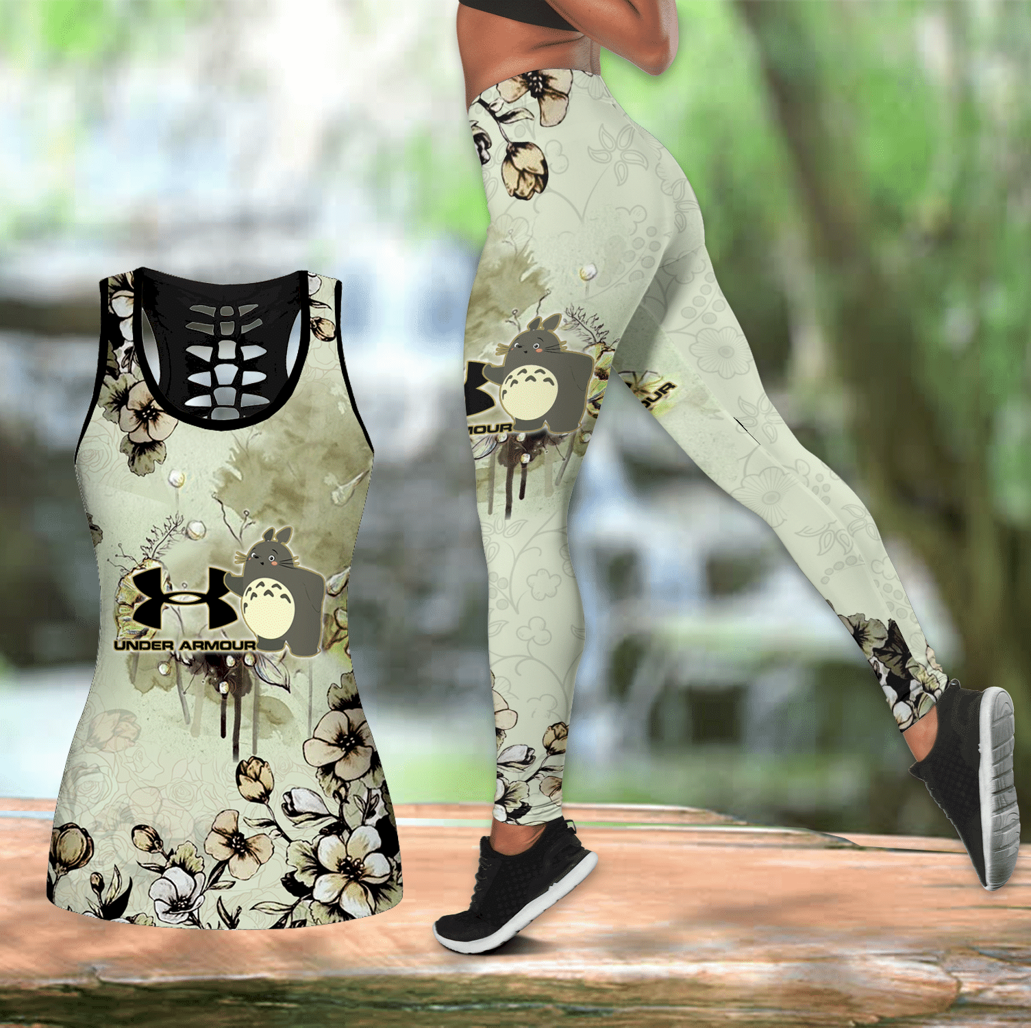 Combo Totoro Under Armour Flower Hollow Tanktop Leggings Set V1623