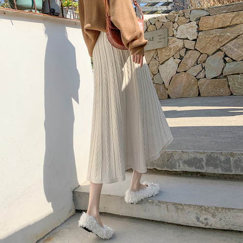 A-line Knitting Skirts Women Long Casual Warm Cozy Stretch Solid Jacquard Spring Fall Empire Elegant Ulzzang High Street Ladies alx