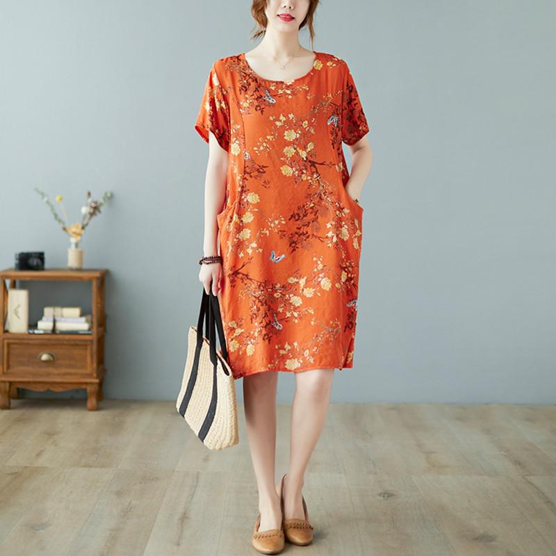 Women Cotton Linen Casual Dress New Arrival 2021 Summer Vintage Style Floral Print Loose Female Knee-length Dresses B588 alx