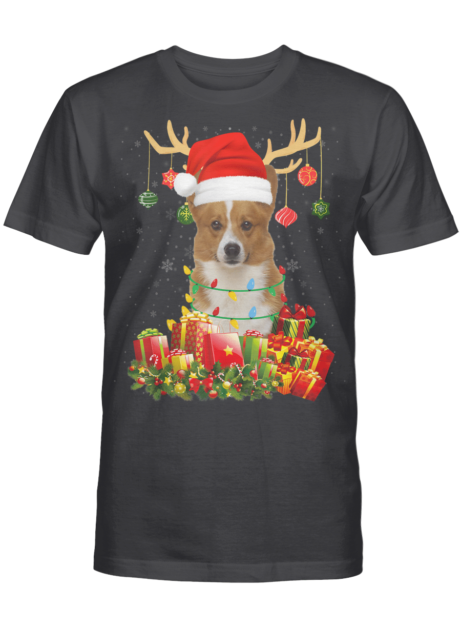 AmazeStyleZ Santa’s Reindeer, Ugly Christmas Sweater, Christmas Gift Ideas, Christmas TreeCorgi Dog Reindeer Santa Hat Christmas Light Xmas T-Shirt