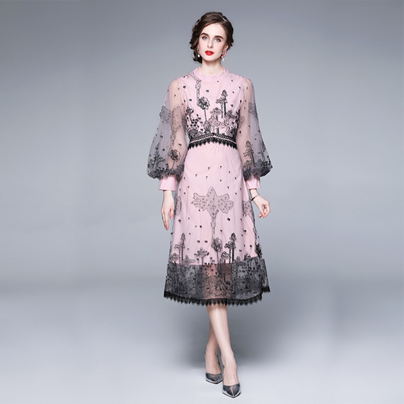 2021 Summer Women Elegant Lantern Sleeve Stand Collar Pink Vintage Mesh Lace Flower Embroidery Evening Party Long Dresses alx