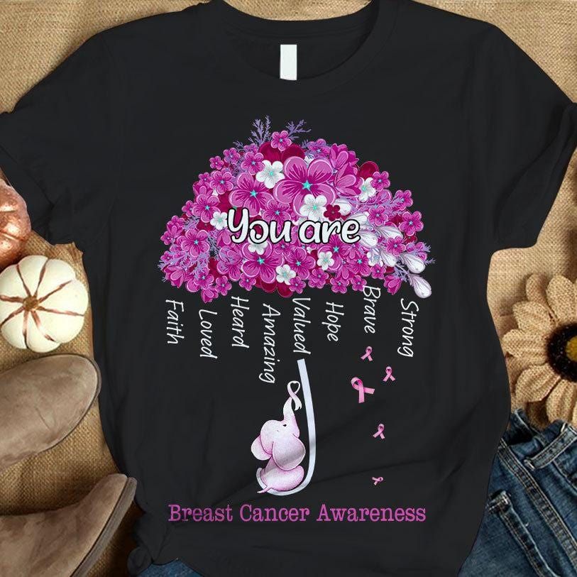 You Are Strong Brave, Pink Umbrella & Elephant, Breast Cancer Sayings Awareness Shirt