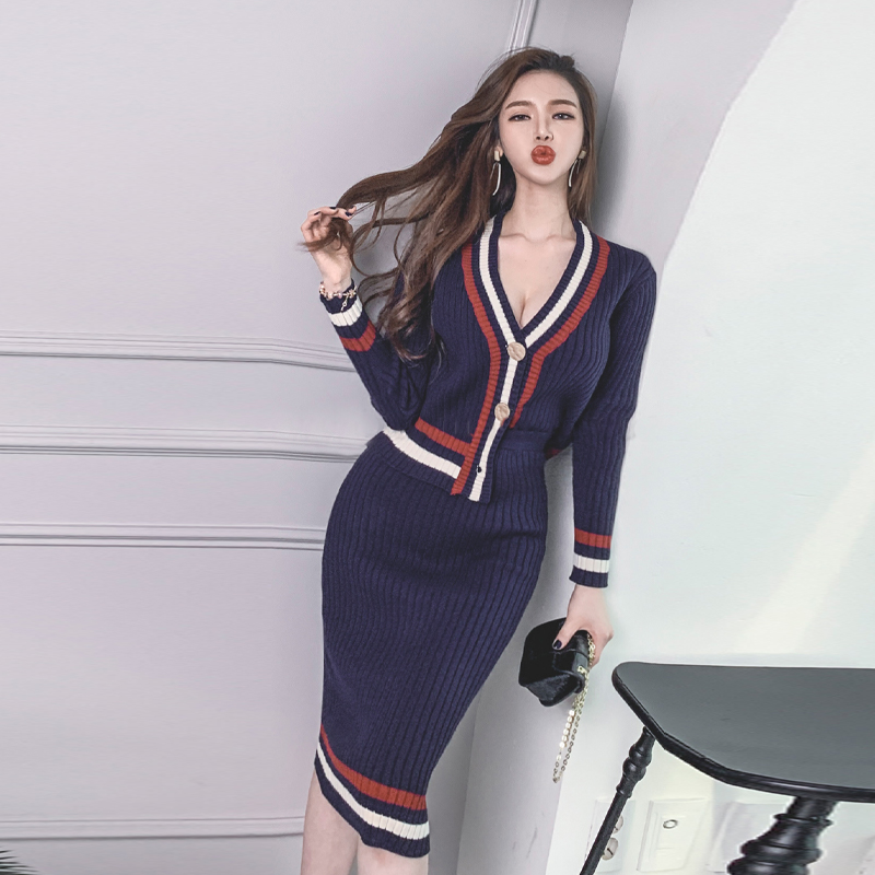 Women Elegant Stripe Splice 2 Piece Set Korea Chic Autumn Winter Temperament V Knitted Cardigan High Waist Midi Bodycon Skirt alx