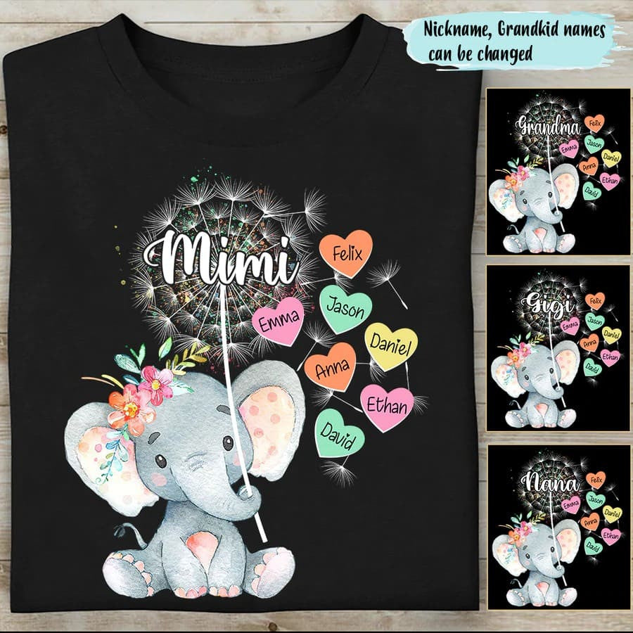 Personalized Grandma Elephant Dandelion With Grandkids Heart T Shirt