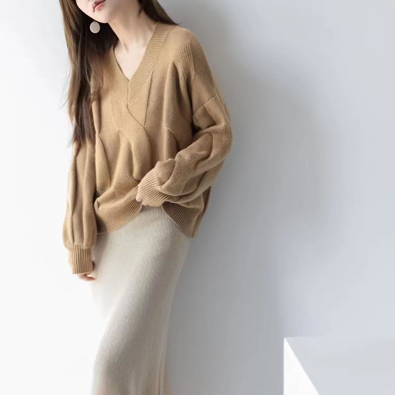 2022 Women Autumn Winter Oversized Knitted Sweater Female Fashion Vintage Long Sleeve V Neck Pullover Ladies Solid Elegant Tops alx