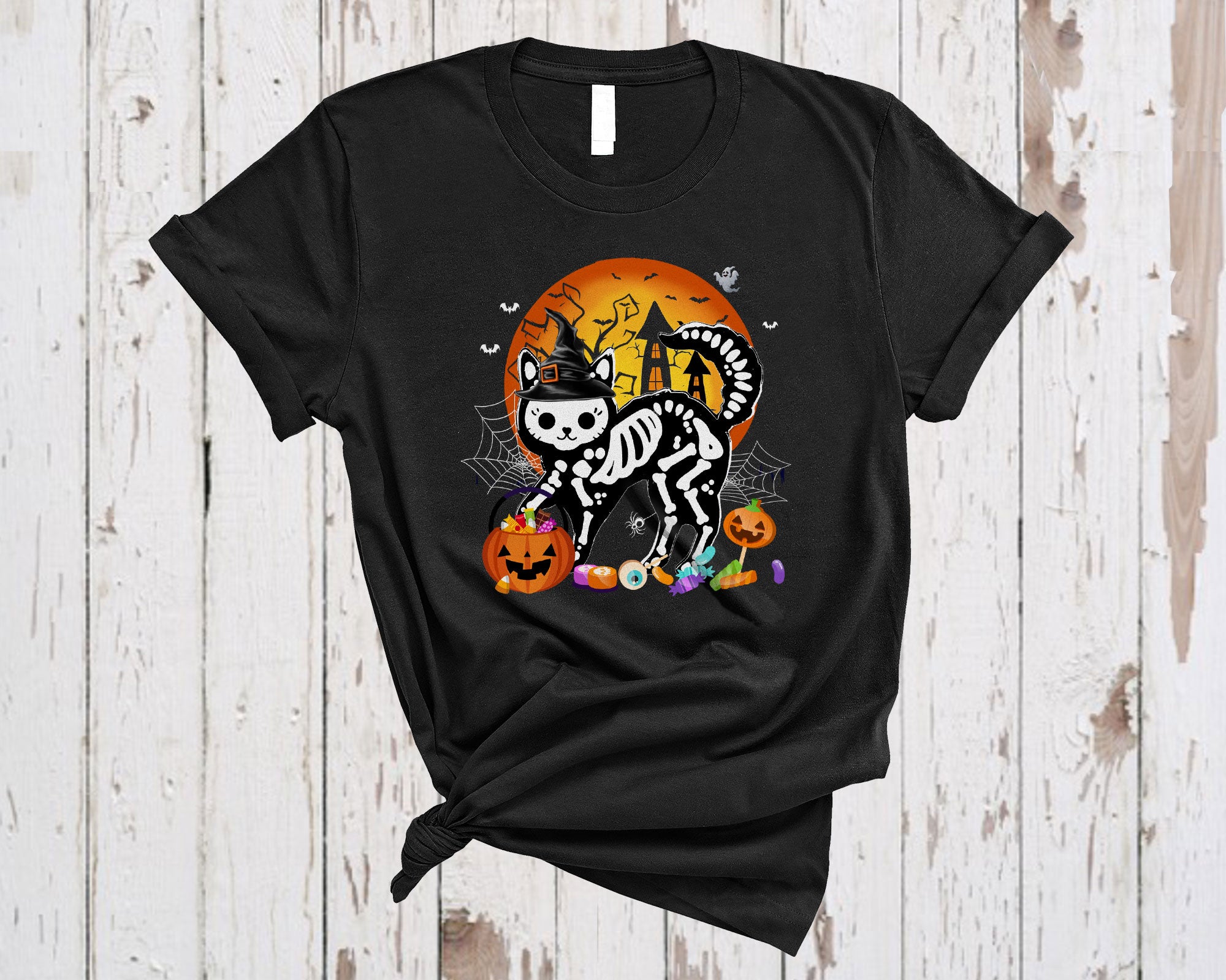 Skeleton Witch Cat Bone Funny Halloween Treat Or Treating Candy Pumpkin Cat Lover T-Shirt