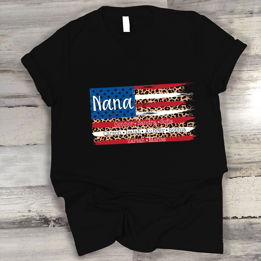 American Flag Nana With Grandkids Leopard V-Neck