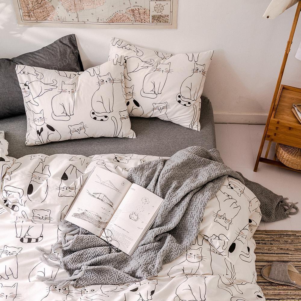 White And Black Cat Animal Printed 100% Cotton Bedlinen Comforter Cover Duvet Cover Pillowcases Twin Queen King For Adults