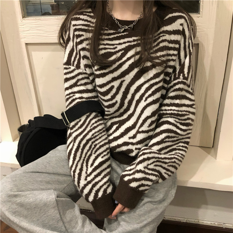 Women’s Crew Neck Sweater Long Sleeve Casual Pullover Stripe Zebra Korean Knitted Sweater 2022 New Fashion Women’s Y2k Top alx