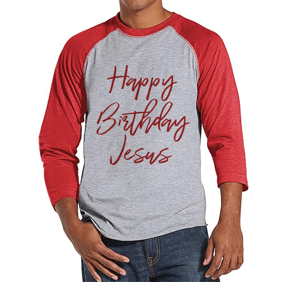 Men's Christmas Shirt - Happy Birthday Jesus Shirt - Christmas Present Idea for Him - Family Christmas Pajamas - Red Raglan - Christmas Gift