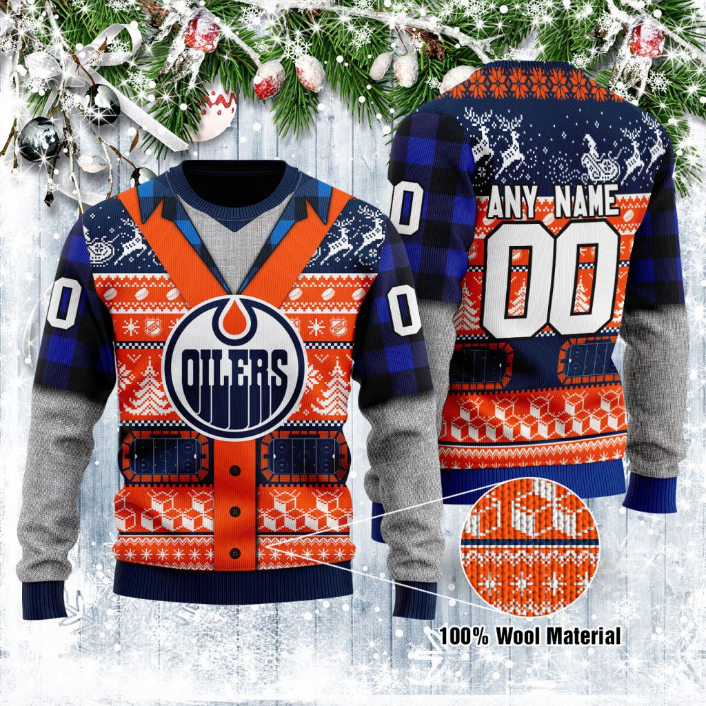 Edmonton Oilers Custom Name Name Orange Blue Gift For Fan Ugly Wool Sweater Christmas