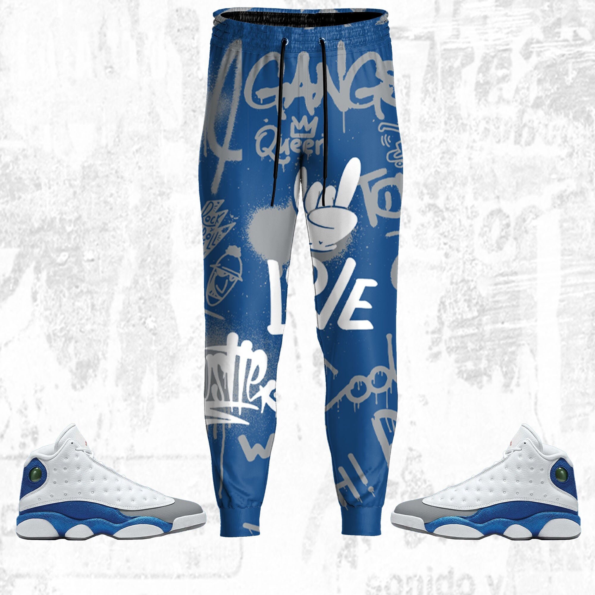 Doodle Style ST Unisex Pants match Jordan 13 Retro French Blue, Pants 3D match Jordan Sneaker